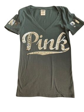 PINK Victoria's Secret Sequin Logo V-Neck Tee in an off green color